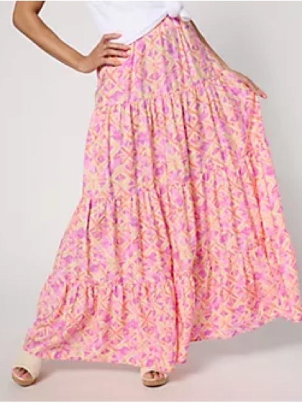 Peace Love World Boheme Boho Tiered Maxi Skirt - Pink Floral